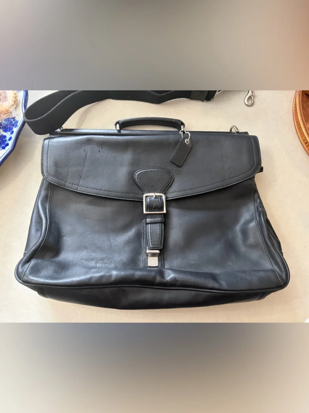 Coach Black Leather Briefcase with Buckle Detail